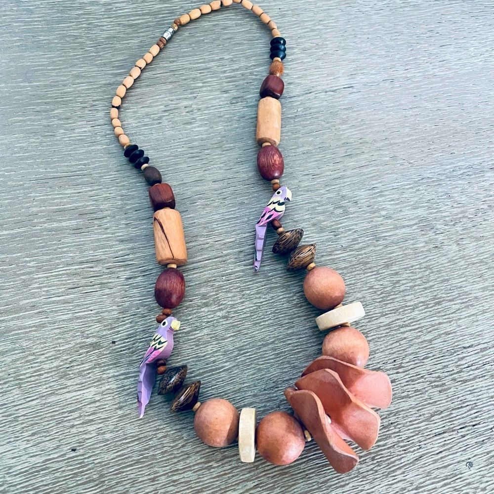 Wood Bead Carved Parrot Statement Necklace